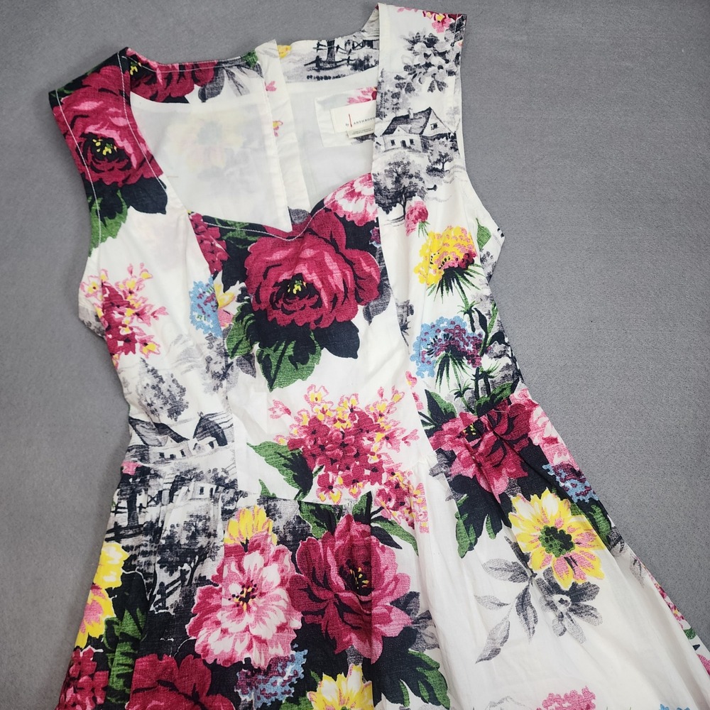 Anthropologie Midi Dress White Floral Toile Fit and Flare Womens Size 2
